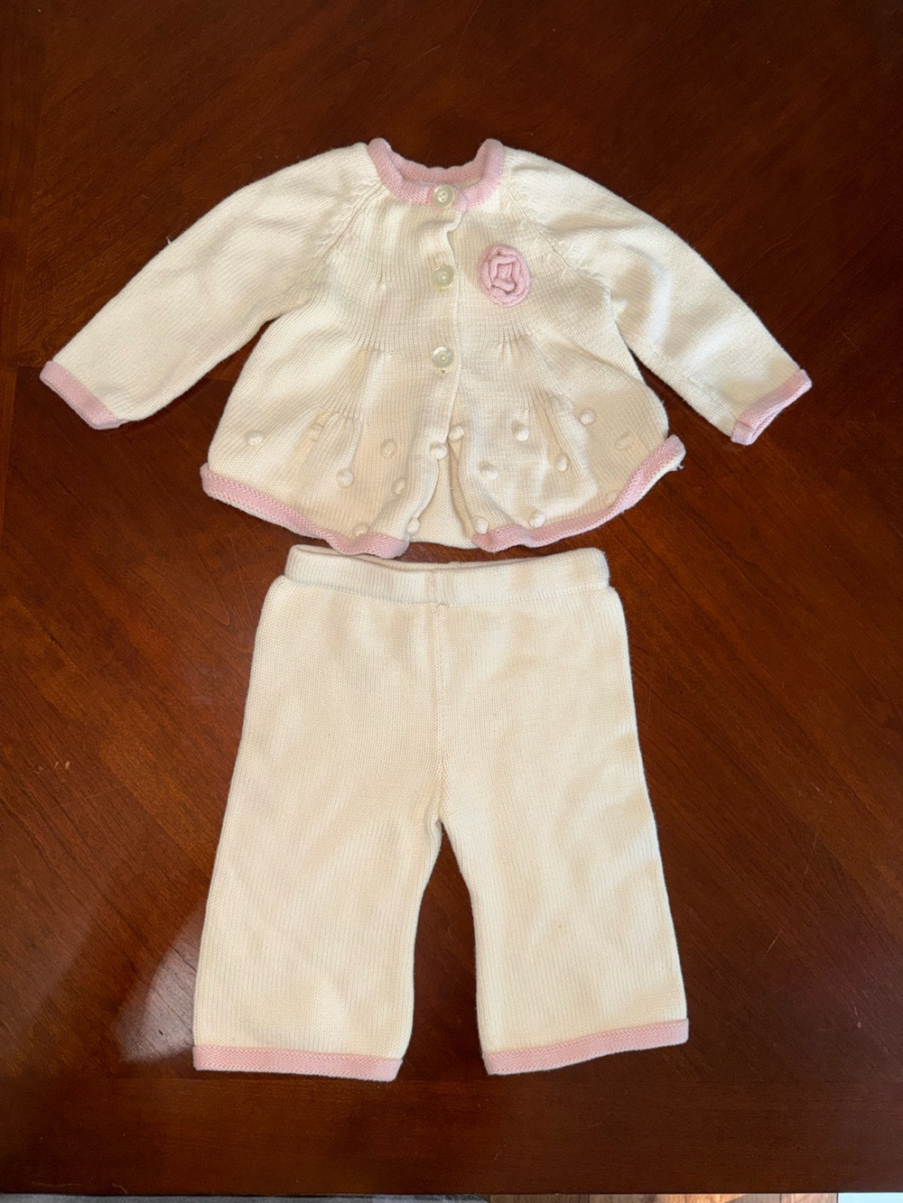 Cream & Pink Knit Baby Cardigan and Pants Set